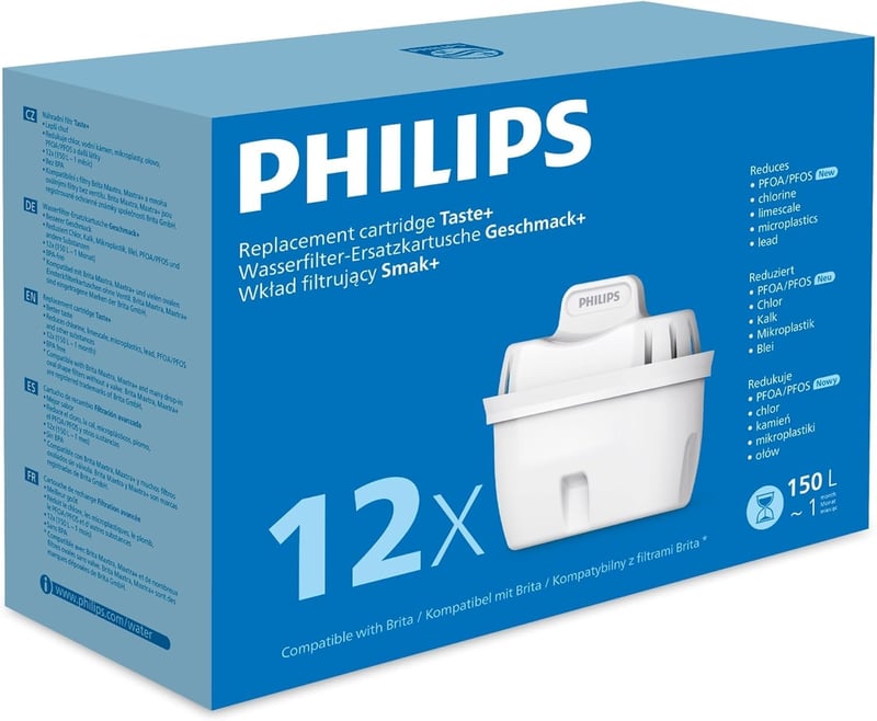Philips Taste+ Filter za vodu 12 kom - Filtriranje mikroplastike, klora, kamenca i teških metala, kompatibilno s Brita vrčevima