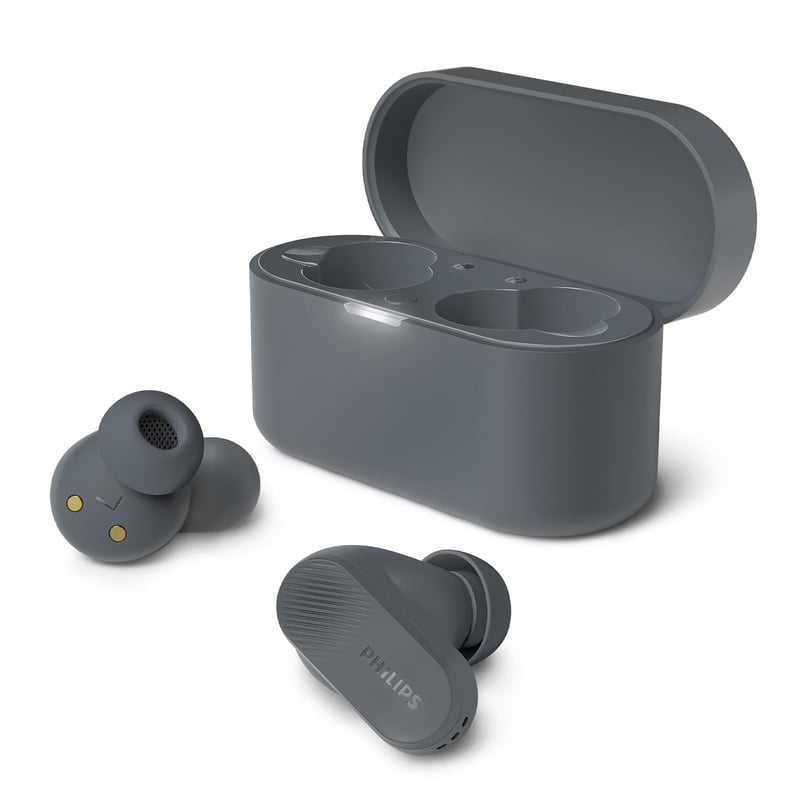 Căști True Wireless Bluetooth Philips TAT3509GY cu Anularea Zgomotului – Dopuri mici pentru urechi, sunet natural, bas dinamic, carcasă de încărcare de buzunar – Gri