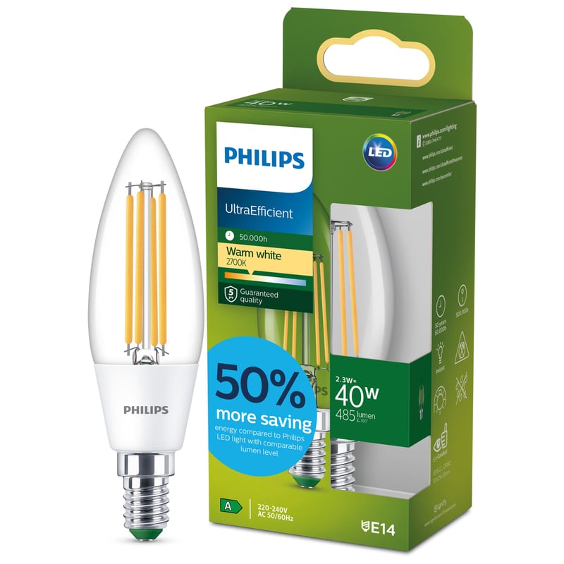 Philips Ultra Efficient LED žarulja E14 - zamjena za 40W, topla bijela, oblik svijeće, prozirna, 1 kom