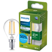 Bec Philips Ultra Efficient LED E14, 40W echivalent, transparent, lumină albă caldă, formă picătură, sursă de lumină eficientă energetic 1