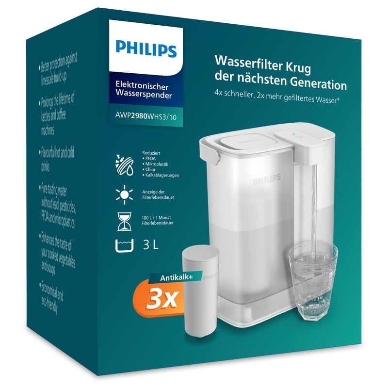 Dozator de apă Philips cu filtrare prin apăsare de buton (3L) - 3x Filtru Anticalc+, Apă cu gust mai bun, Reducerea calcarului și a impurităților, fără BPA