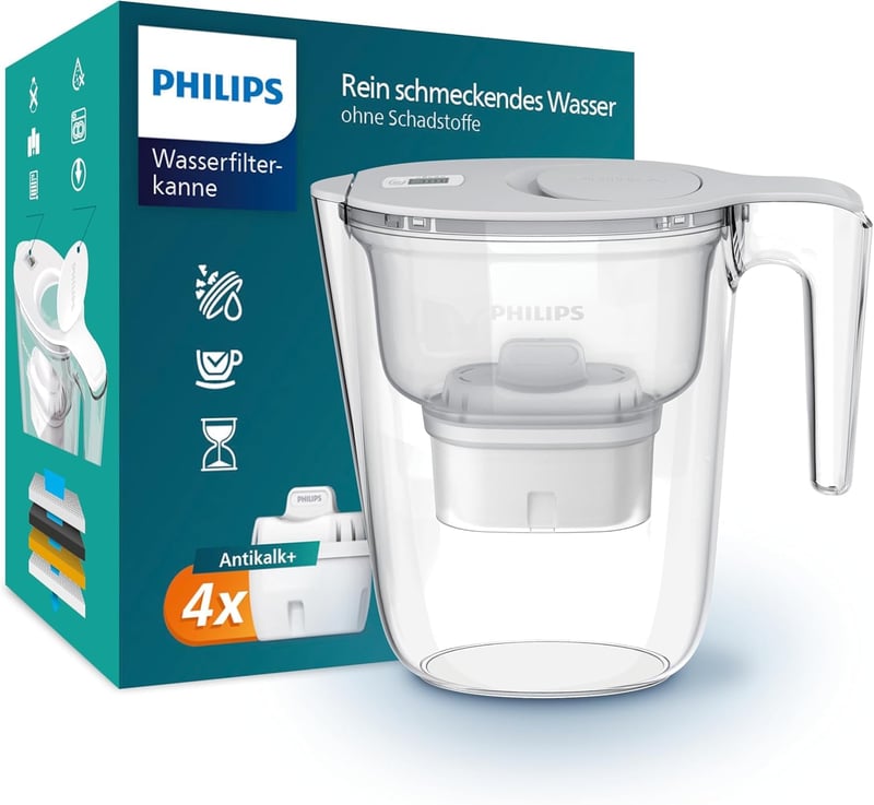 Cană filtrantă Philips + 4 filtre de schimb Anticalcar, debit rapid, temporizator electronic, reducere duritate apă 50%, 2,6 L
