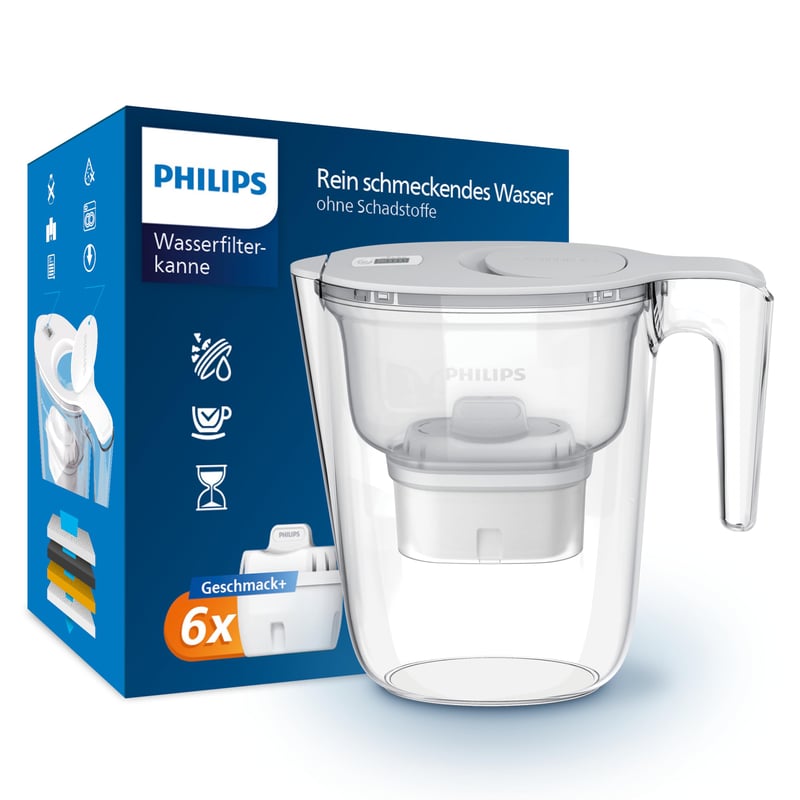Philips vrč za filtriranje vode sa 6 zamjenskih filtera Micro X-Clean, brzi protok, elektronički timer, filtracija klora i mikroplastike, 2,6 L, bijeli