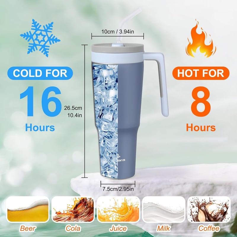 Philorn Termikus Ivópalack 1,2L Szívószállal, Rozsdamentes Acél Termoszos Pohár Fedéllel