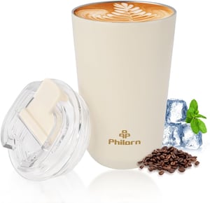Philorn Termos Šalica 380ml s Poklopcem - Putna Šalica za Kavu od Nehrđajućeg Čelika Bijela, Nepropusna Termoizolirana Čaša