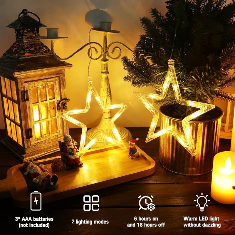 PhilzOps 4db LED csillag ablakdísz időzítővel, meleg fehér, elemmel működő karácsony