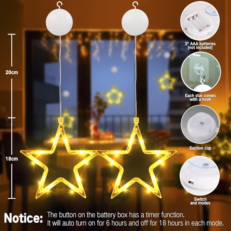 PhilzOps 4db LED csillag ablakdísz időzítővel, meleg fehér, elemmel működő karácsony