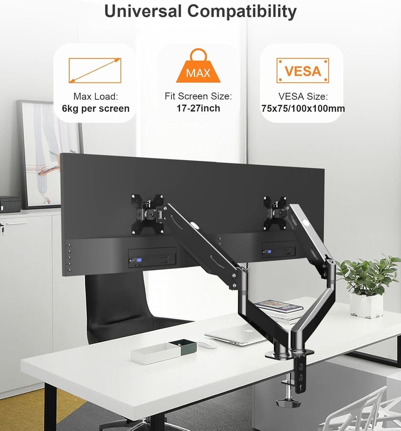 Pholiten Dual Monitor Stand 17-27" Gázrugós Monitortartó Két Képernyőhöz