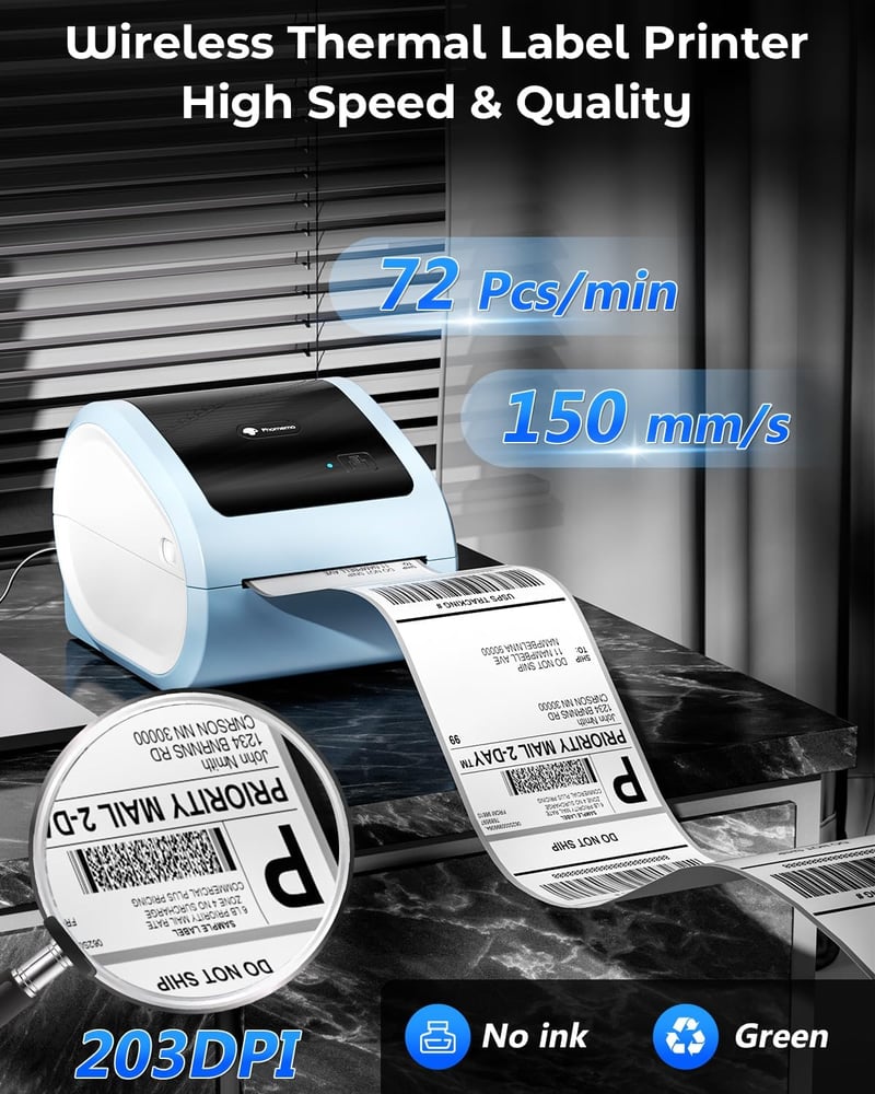 Phomemo D520BT Bluetooth Címkenyomtató - Kék Termál Címkéző 10x15 cm DHL Csomagokhoz, Kompatibilis Amazon, Ebay, Shopify, FedEx, UPS