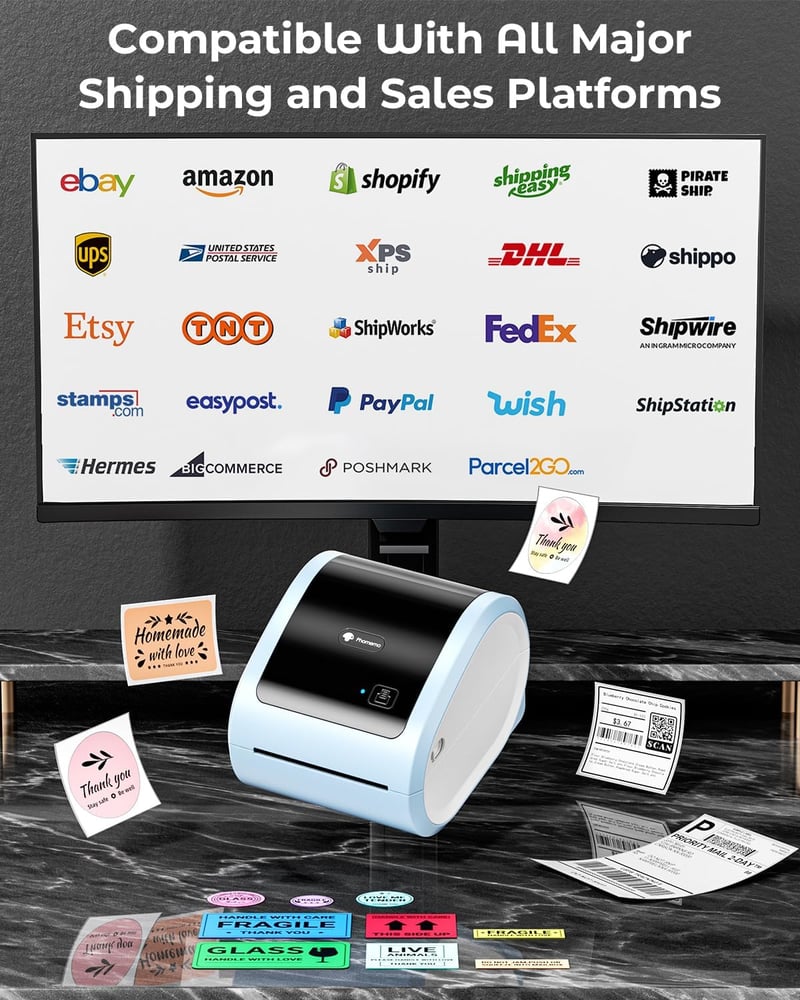 Phomemo D520BT Bluetooth Címkenyomtató - Kék Termál Címkéző 10x15 cm DHL Csomagokhoz, Kompatibilis Amazon, Ebay, Shopify, FedEx, UPS