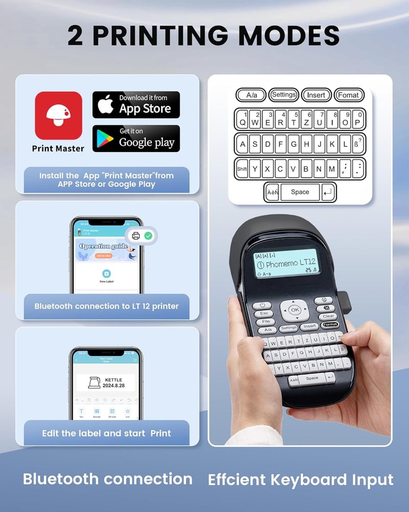 Phomemo LT12 hordozható Bluetooth címkenyomtató QWERTZ billentyűzettel