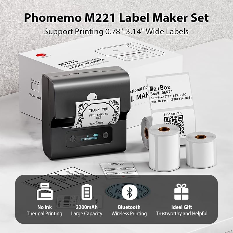 Phomemo M221 Bluetooth Címkenyomtató 3 Tekerccsel - Termikus Nyomtató Barkódhoz