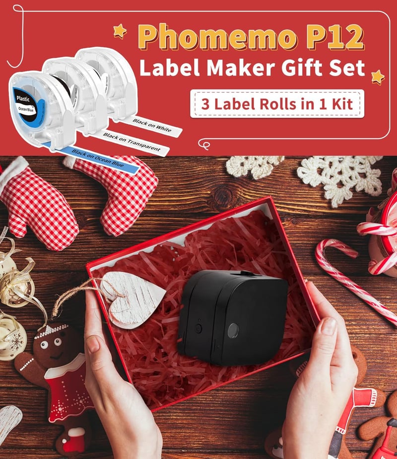Phomemo P12 Mini Bluetooth címkenyomtató szett 3 tekerccsel, öntapadós termékek, iOS Android