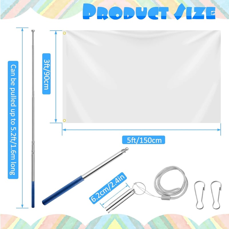 Photect Fehér Zászló Festéshez 90x150 cm - Teleszkópos Zászlórúddal, Sípokkal és Akasztókkal - DIY Poliészter Dekorációs Zászló Szemekkel