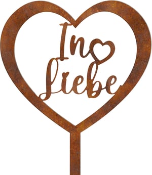 Photect metalni ukras za grob u obliku srca s hrđavom površinom – s natpisom "In Liebe"