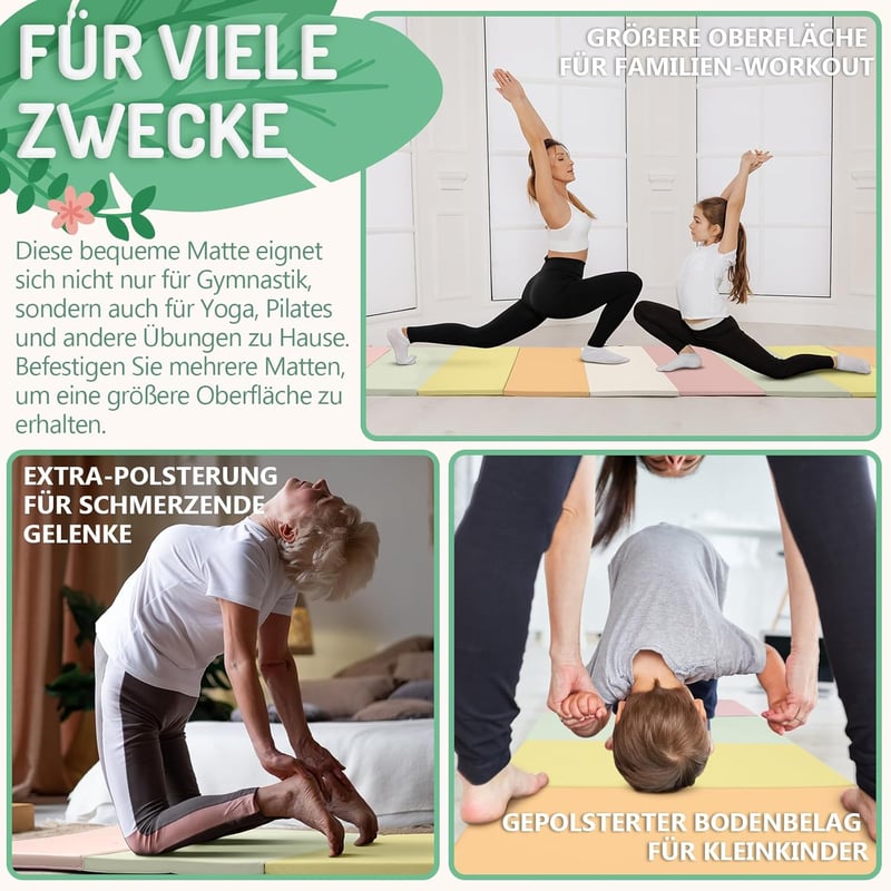 PhysKcal Összecsukható Tornaszőnyeg 195x75x3 cm Hordozófüllel, Fitness Matrac Gyerekeknek és Felnőtteknek, Macaron Színű