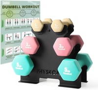 PhysKcal Súlyzókészlet 18kg - Neoprén Kézi Súlyzók Állvánnyal (2x1kg, 2x3kg, 2x5kg) Otthoni Edzéshez, Kezdőknek és Haladóknak 1