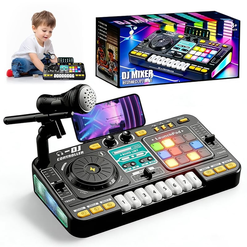 Detský DJ pult Piashow s mikrofónom, prenosný DJ mixážny pult, Bluetooth, 100+ zvukových efektov, svetelné efekty, pre začínajúcich DJ-ov, pre chlapcov a dievčatá od 3 do 12 rokov