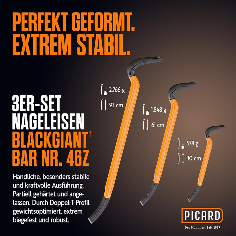 PICARD BlackGiant Bar No. 46Z Vasalú Feszítővas 3 db-os szett 90° Hajlítható Profi Szerszám