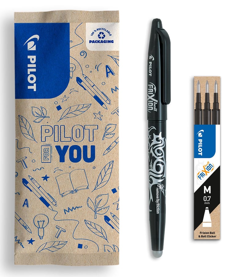 PILOT FriXion Ball 0.7 vymazateľné gélové pero + 3 náhradné náplne – plniteľné, vyrobené z recyklovaného plastu – čierne – stredný hrot