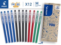 Sada 12 vymazateľných gélových pier PILOT FriXion Ball Stick – 4 modré, 4 čierne, 2 červené, 2 zelené – stredný hrot – do školského peračníka 3