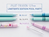 Súprava zmizíkovateľných gélových pier PILOT FriXion Ball, 3 ks + 1 guma ako darček, limitovaná edícia Pool Party, modrá, fialová, čierna, stredný hrot 5