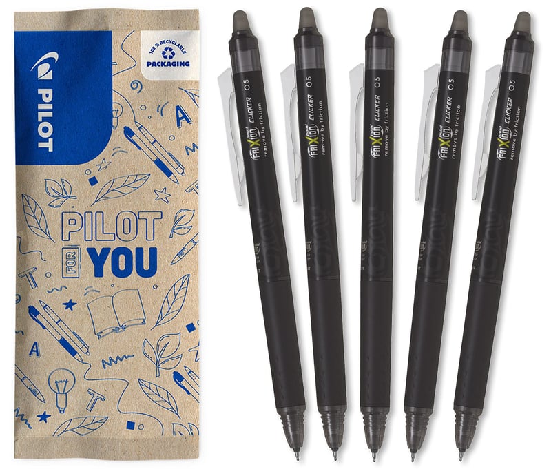 Gélové pero PILOT FriXion Point Clicker 0,5 mm s vymazateľným atramentom – 5 ks, čierne – plniteľné, termosenzitívny atrament, tenký hrot