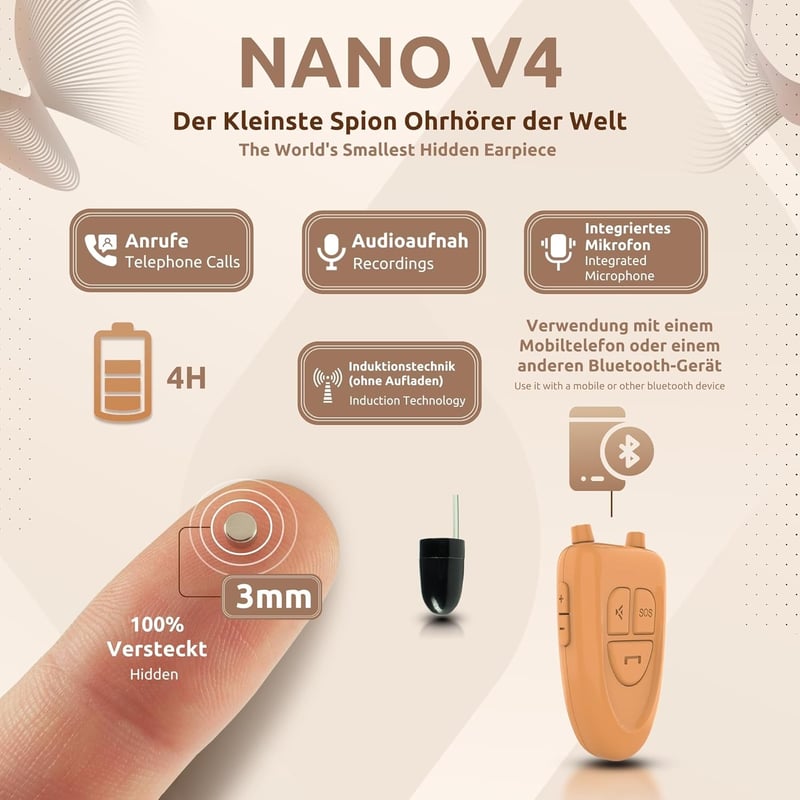 PingaOculto Nano V4 Bluetooth fülhallgató mikrofon és ragasztó szalaggal - Rejtett vezeték nélküli headset
