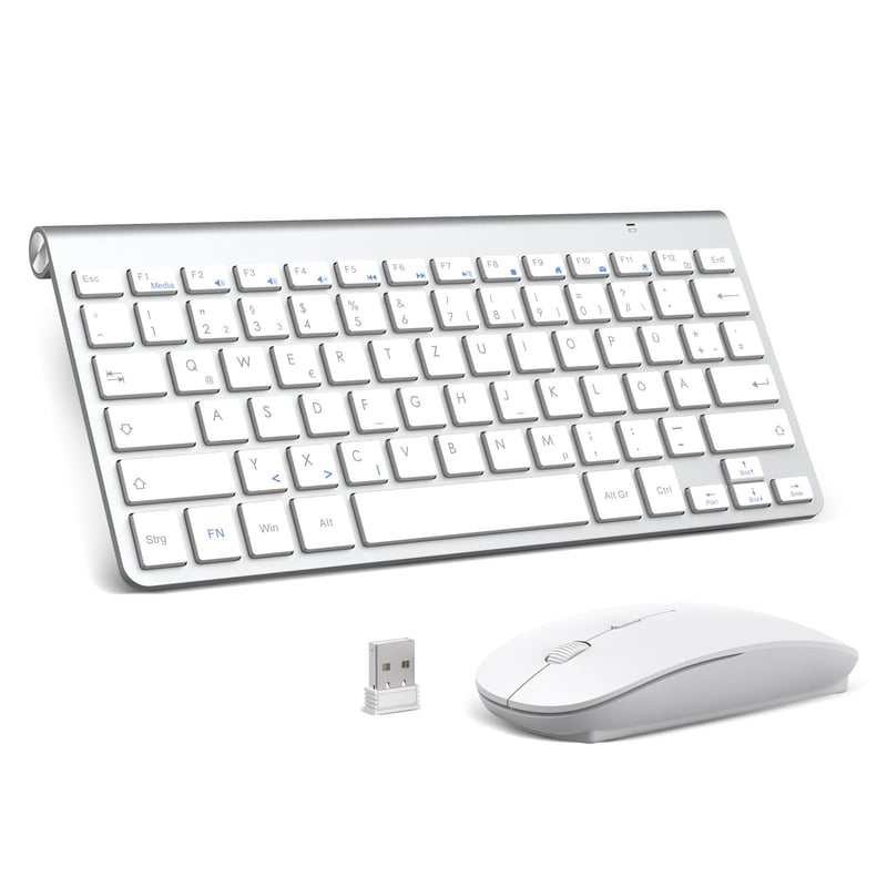 Mini bezdrôtová súprava klávesnice a myši PINKCAT 2,4 GHz, ergonomická, tenká, rozloženie QWERTZ, 12 FN tlačidiel, tichá, strieborná, pre PC, notebook a smart zariadenia