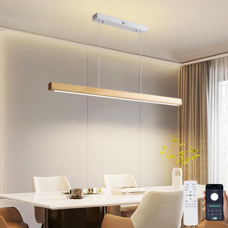 Drevené LED závesné svietidlo Pinrutar nad jedálenský stôl, 120 cm, 48 W, stmievateľné, s diaľkovým ovládaním a ovládaním cez aplikáciu, nastaviteľná teplota farieb a výška