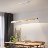 Drevené LED závesné svietidlo Pinrutar nad jedálenský stôl, 120 cm, 48 W, stmievateľné, s diaľkovým ovládaním a ovládaním cez aplikáciu, nastaviteľná teplota farieb a výška 3