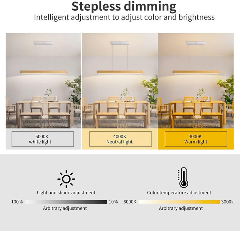 Pinrutar Fa LED Függőlámpa Étkezőasztalhoz - Távirányítós, Applikációval Vezérelhető, Állítható Színhőmérséklet, Fényerő és Magasság, Modern