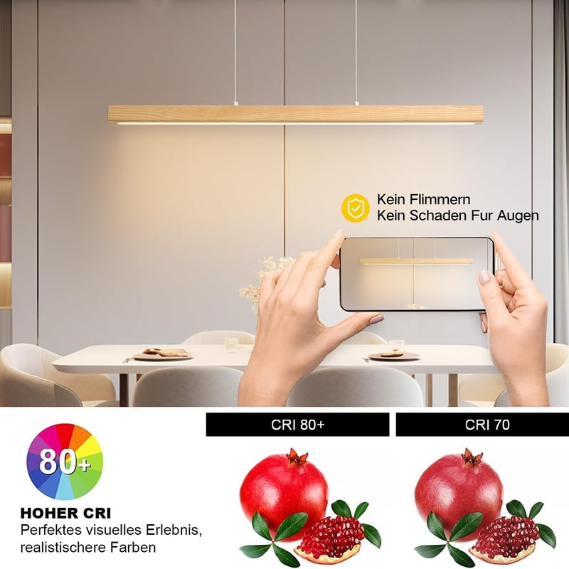 Pinrutar Fa LED Függőlámpa Étkezőasztalhoz - Távirányítós, Applikációval Vezérelhető, Állítható Színhőmérséklet, Fényerő és Magasság, Modern
