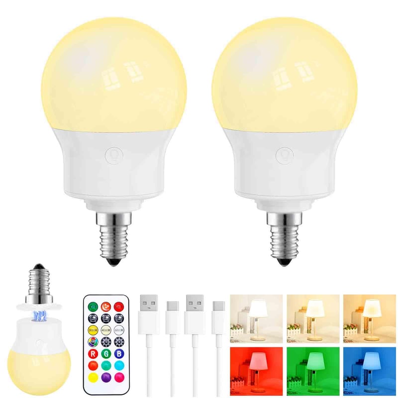Nabíjateľná LED žiarovka Pinrutar s diaľkovým ovládaním, magnetická pätica E14, 3 teploty farieb + 9 farieb RGB, 480 lm, 3 časovače, na kempovanie a núdzové použitie, 2 ks