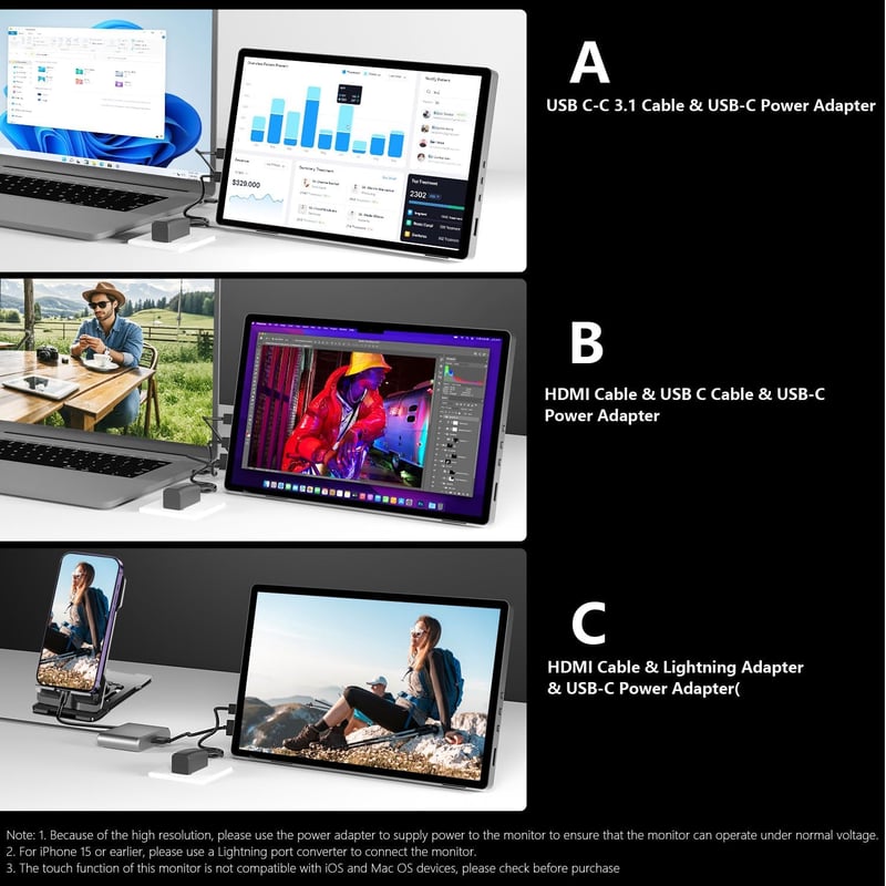 Pisichen 10.1" QHD 2.5K IPS Hordozható Érintőképernyős Monitor HDMI USB-C