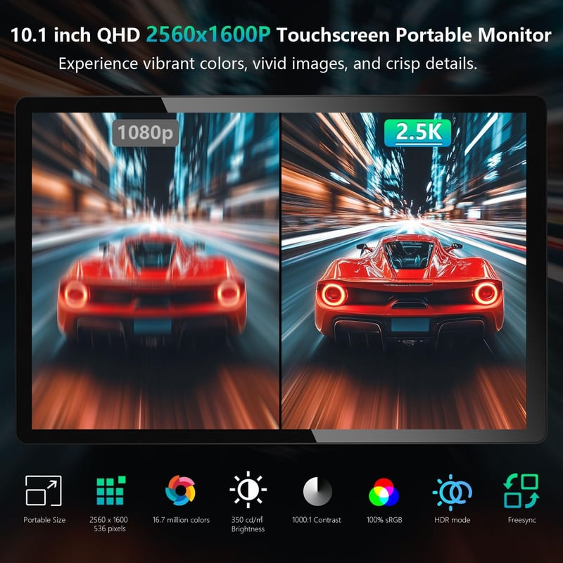 Pisichen 10.1" QHD 2.5K IPS Hordozható Érintőképernyős Monitor HDMI USB-C