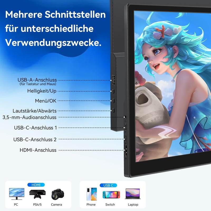 Pisichen 16" Érintőképernyős Hordozható Monitor 2K Felbontással (2560x1600), 144Hz IPS Kijelző, HDMI/USB-C, Beépített Hangszóró, Kompatibili