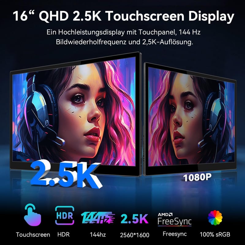 Pisichen 16" Érintőképernyős Hordozható Monitor 2K Felbontással (2560x1600), 144Hz IPS Kijelző, HDMI/USB-C, Beépített Hangszóró, Kompatibili
