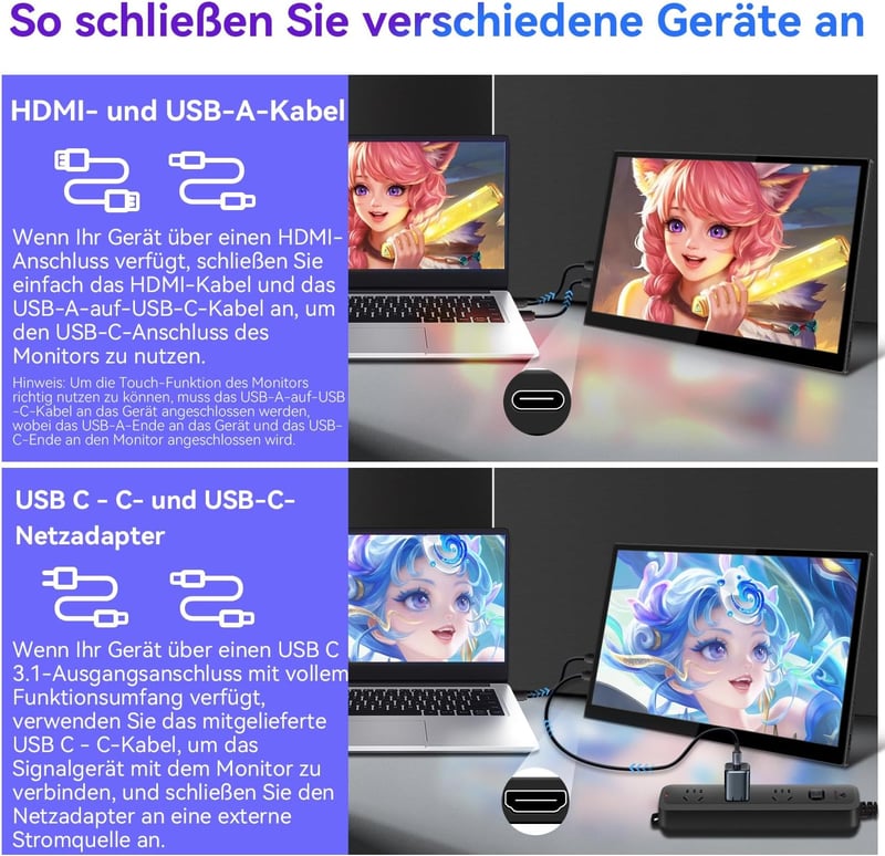 Pisichen 16" Érintőképernyős Hordozható Monitor 2K Felbontással (2560x1600), 144Hz IPS Kijelző, HDMI/USB-C, Beépített Hangszóró, Kompatibili