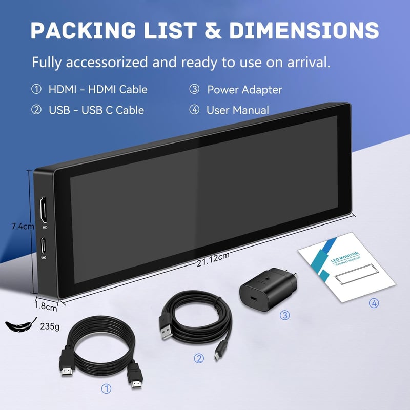 Pisichen 7,8" Érintőképernyős Hordozható Monitor - HD 1280x400P IPS Kijelző, 300cd/m² Fényerő, HDMI/USB-C, Beépített Állvány, Kompatibilis P