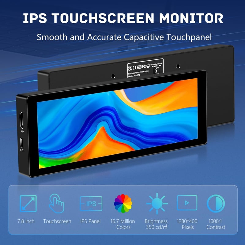 Pisichen 7,8" Érintőképernyős Hordozható Monitor - HD 1280x400P IPS Kijelző, 300cd/m² Fényerő, HDMI/USB-C, Beépített Állvány, Kompatibilis P