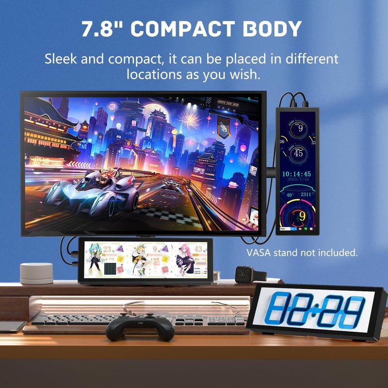 Pisichen 7,8" Érintőképernyős Hordozható Monitor - HD 1280x400P IPS Kijelző, 300cd/m² Fényerő, HDMI/USB-C, Beépített Állvány, Kompatibilis P