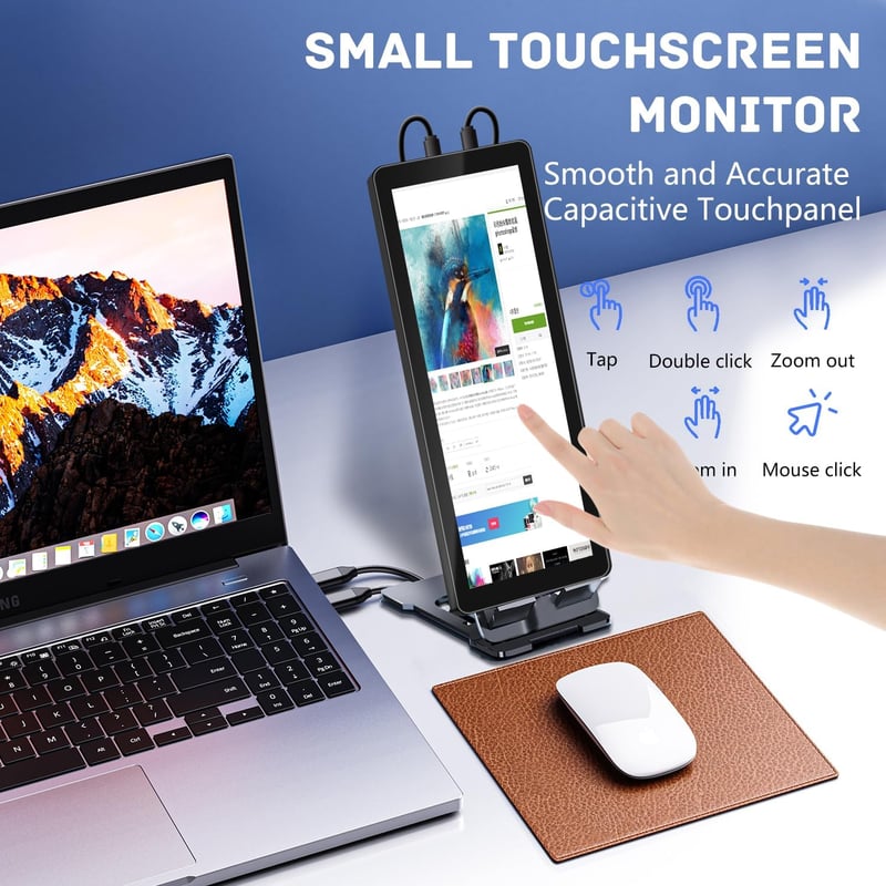 Pisichen 7,8" Érintőképernyős Hordozható Monitor - HD 1280x400P IPS Kijelző, 300cd/m² Fényerő, HDMI/USB-C, Beépített Állvány, Kompatibilis P