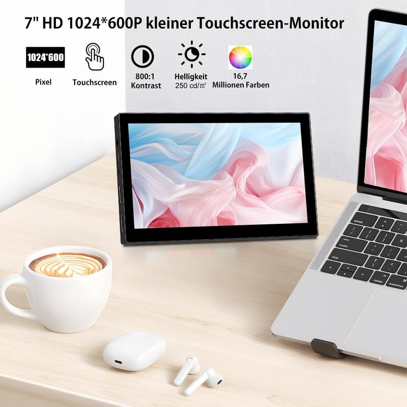 Pisichen 7 Colos Érintőképernyős Hordozható Mini Monitor - HD 1024x600 IPS Kijelző, Laptop, PS4/5, Raspberry Pi Kompatibilis