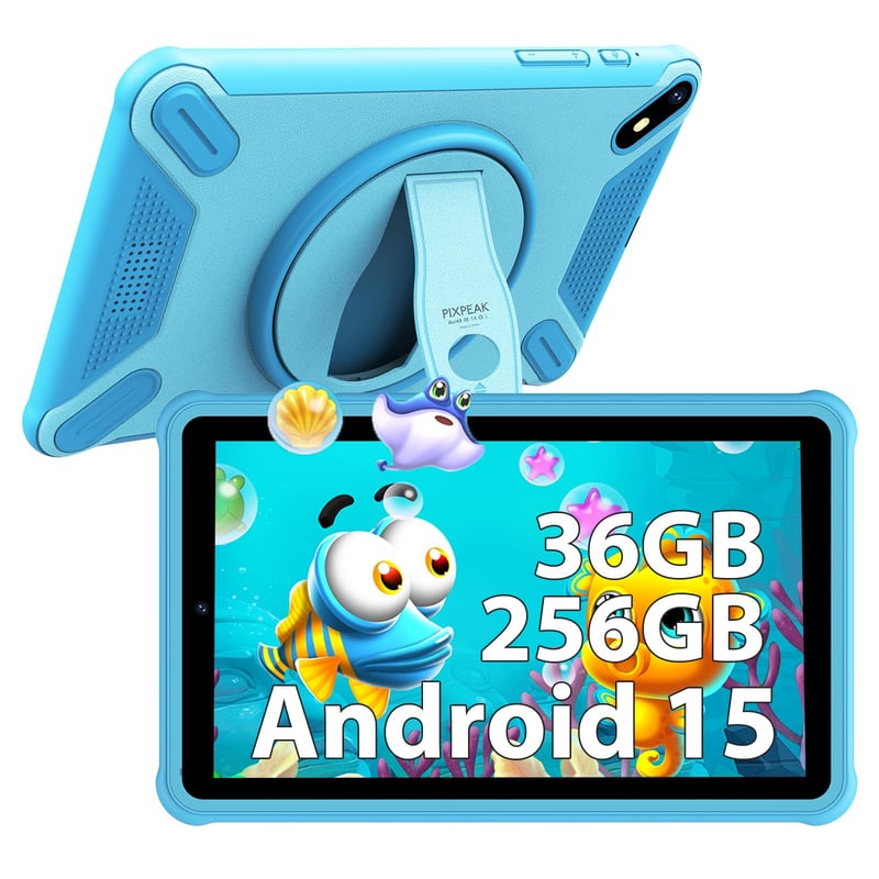 Tabletă pentru copii PIXPEAK de 7 inchi, 36 GB RAM, 128 GB ROM, Android 15.0, ecran FHD, 6580 mAh, control parental, WiFi, Bluetooth, albastru