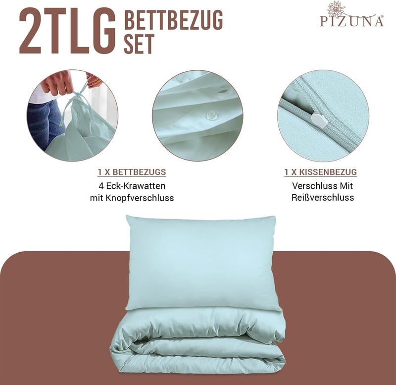 Pizuna 400 Szálas Pamut Ágynemű Szett, 100% Hosszúszálú Pamut Szatén, Babaékék Paplanhuzat és Párnahuzat, 140x200 cm + 70x90 cm, 2 Részes Ga