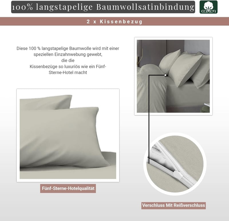 Pizuna Luxus Szatén Párnahuzat 40x80 cm, 2 db Ezüst, 400 Szálas Hosszúszálú Pamut, Cipzáras, Légáteresztő, Hűsítő, Ökotex Tanúsított