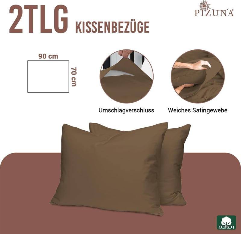 Pizuna Prémium Pamut Párnahuzat Szett, 70x90 cm, 2 db, Woody Brown, 400 Szálas Hosszúszálú Pamut Szatén, Légáteresztő, Öko-Tex Tanúsított