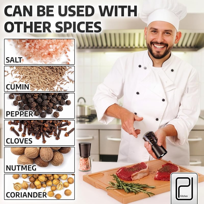 PJCKitchen Fekete Rozsdamentes Fűszermalom Bambusz Állvánnyal - Só és Bors Őrlő Szett