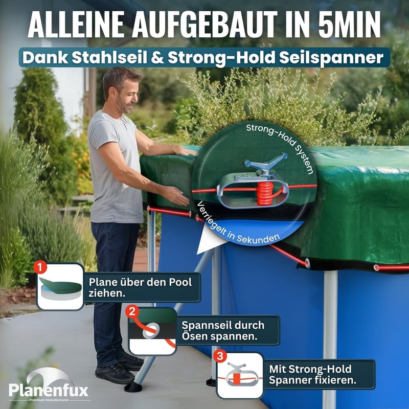 Planenfux 400x200 cm medence takaró 200g/m² PE sötét fólia nyári téli használat